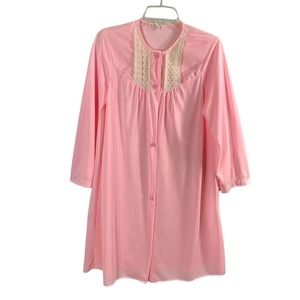 Vintage Nylon Robe Womens Medium Pink Lace Yoke Long Sleeve Duster‎ Loungewear